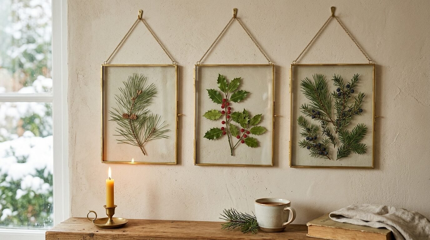 Set of three vintage-style brass frames hanging on a wall, each containing a different preserved evergreen branch.