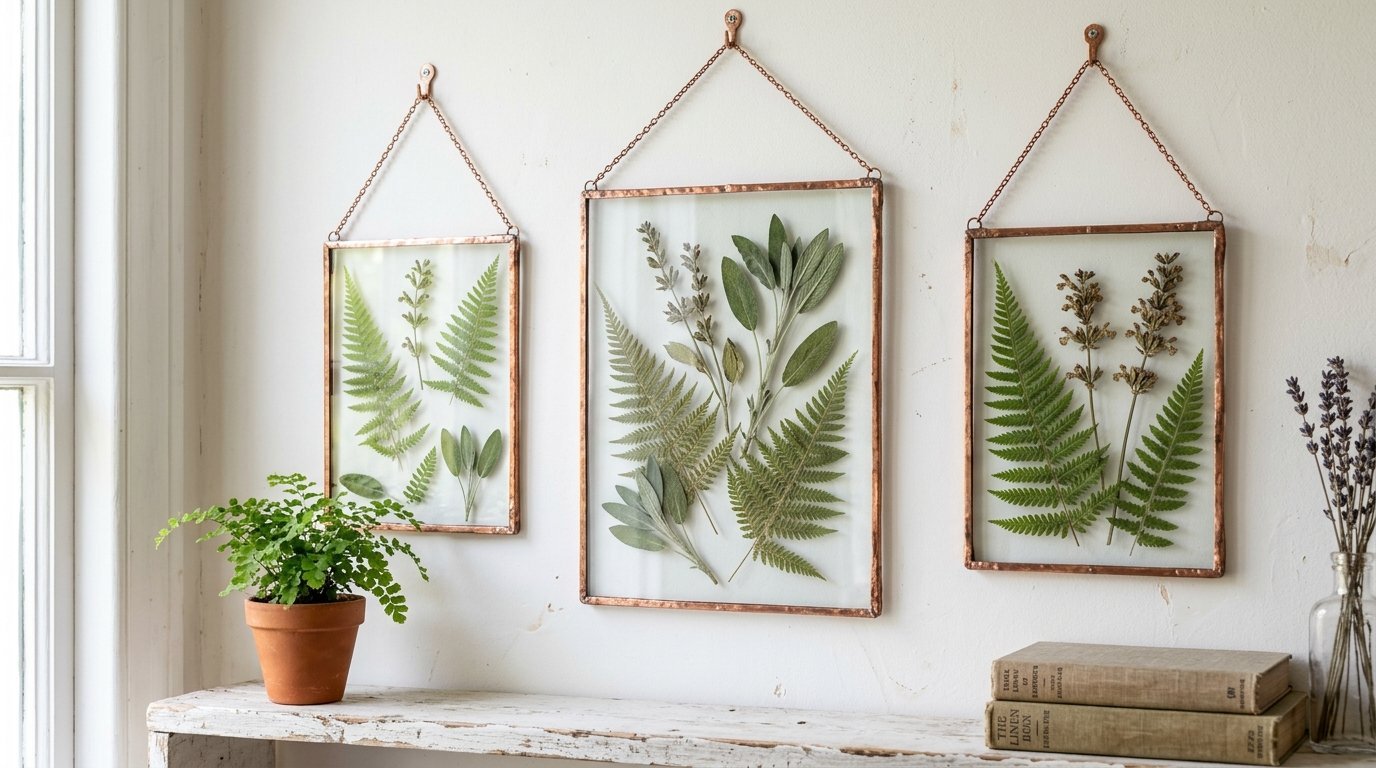 Decorative copper-edged frames holding pressed greenery hung on a rustic white wall.