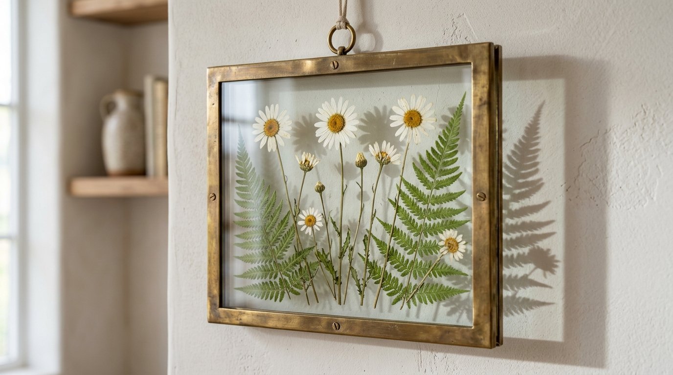 Pressed wildflowers and green fern leaves inside a square metal wall frame with a hanging rope.