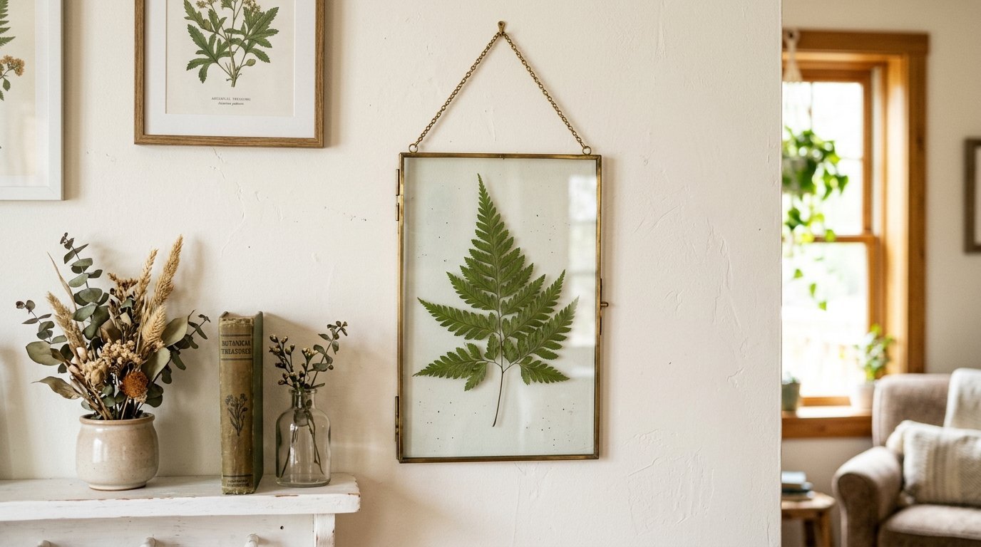 A single green fern leaf preserved between glass in a hanging gold metal frame on a white wall.
