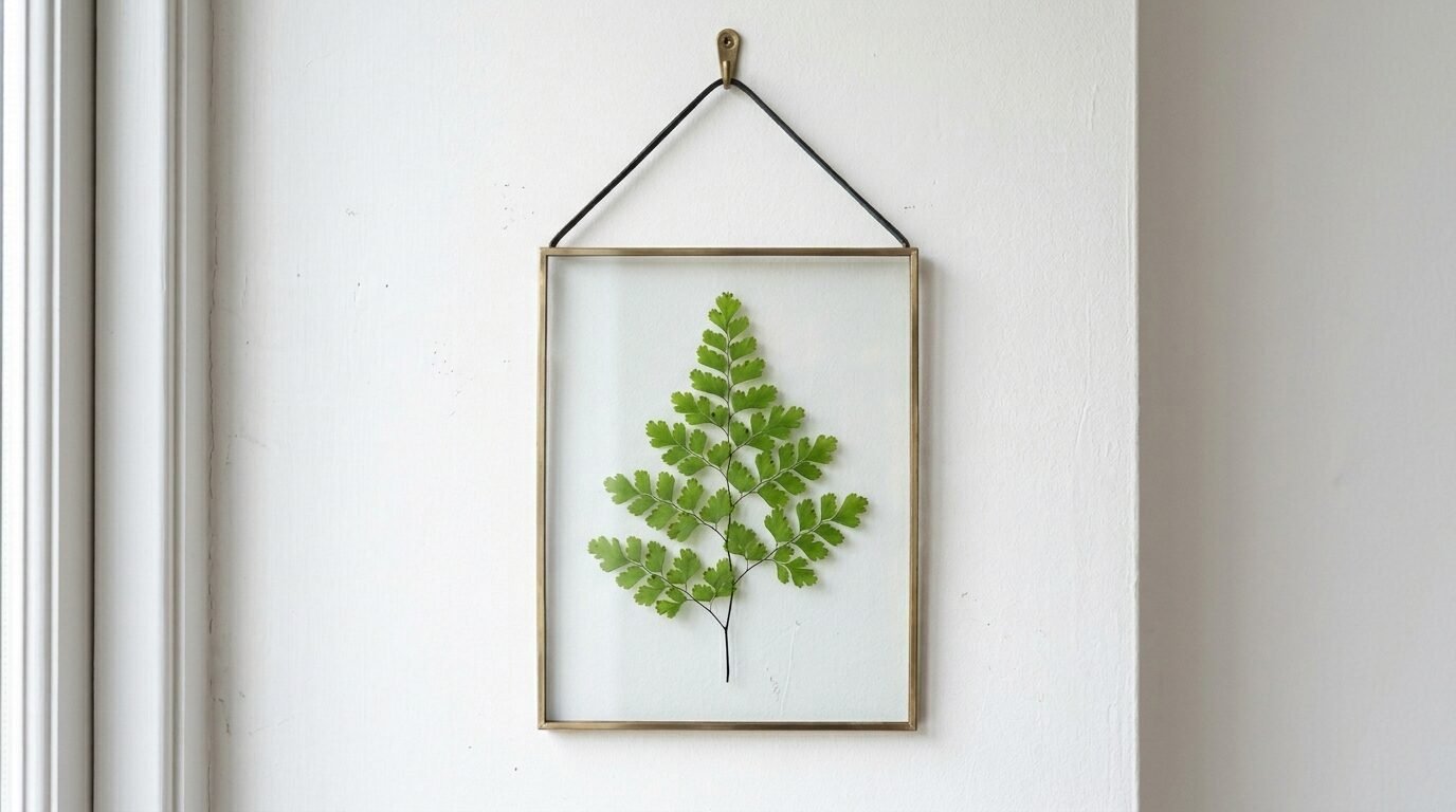 A decorative glass picture frame with a metallic border holds a delicate fern frond against a white wall.