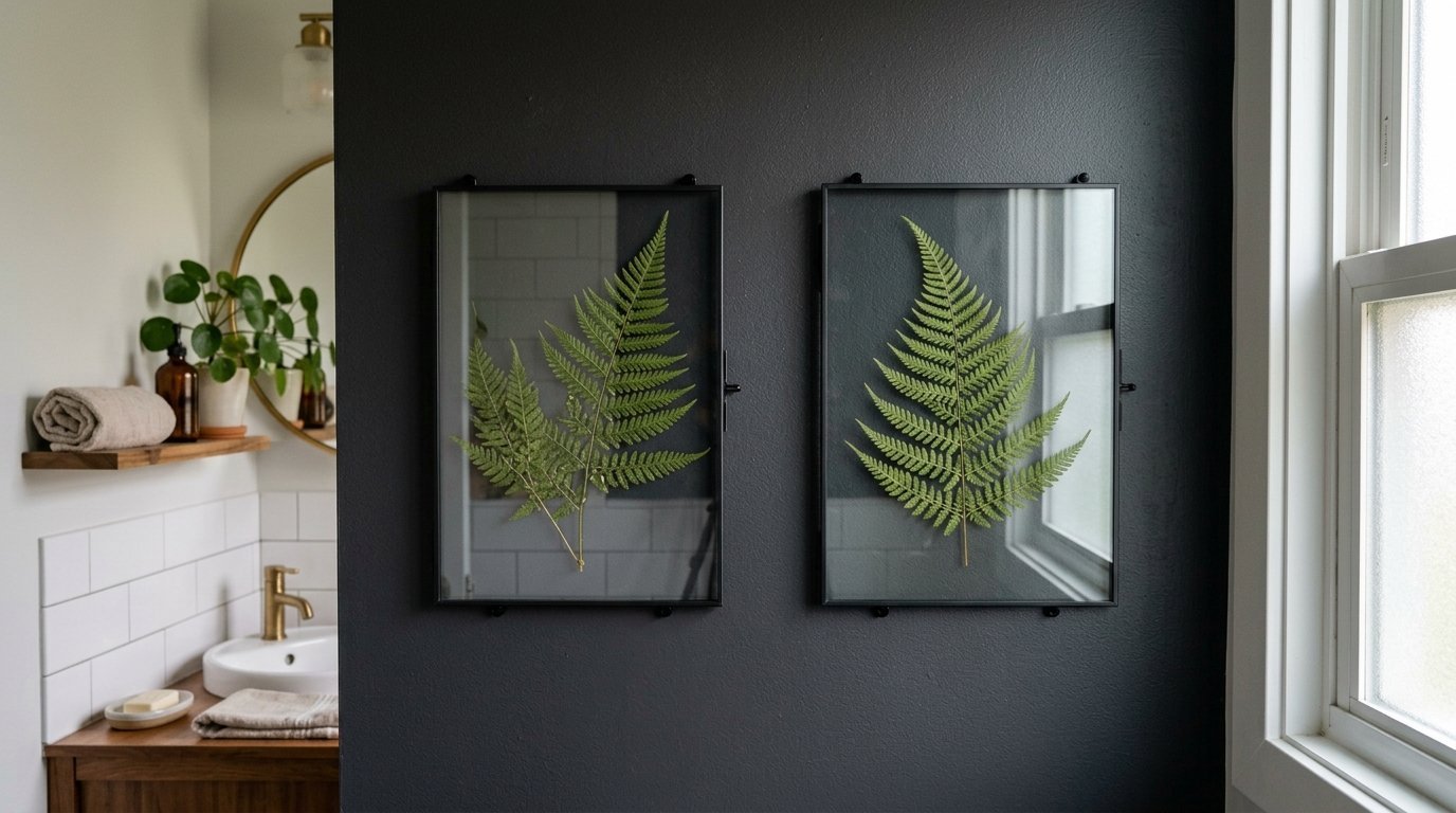 Dual floating frames containing green fern fronds mounted on a dark grey bathroom wall next to a window.