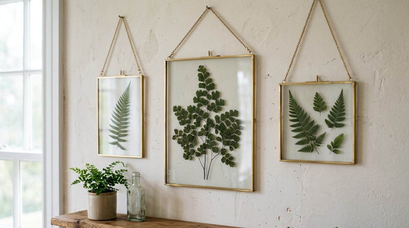 Group of three hanging glass and brass frames with real pressed ferns mounted on a textured beige wall.