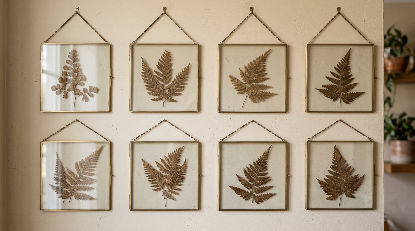 A gallery wall displaying eight hanging square glass frames containing dried brown fern foliage.