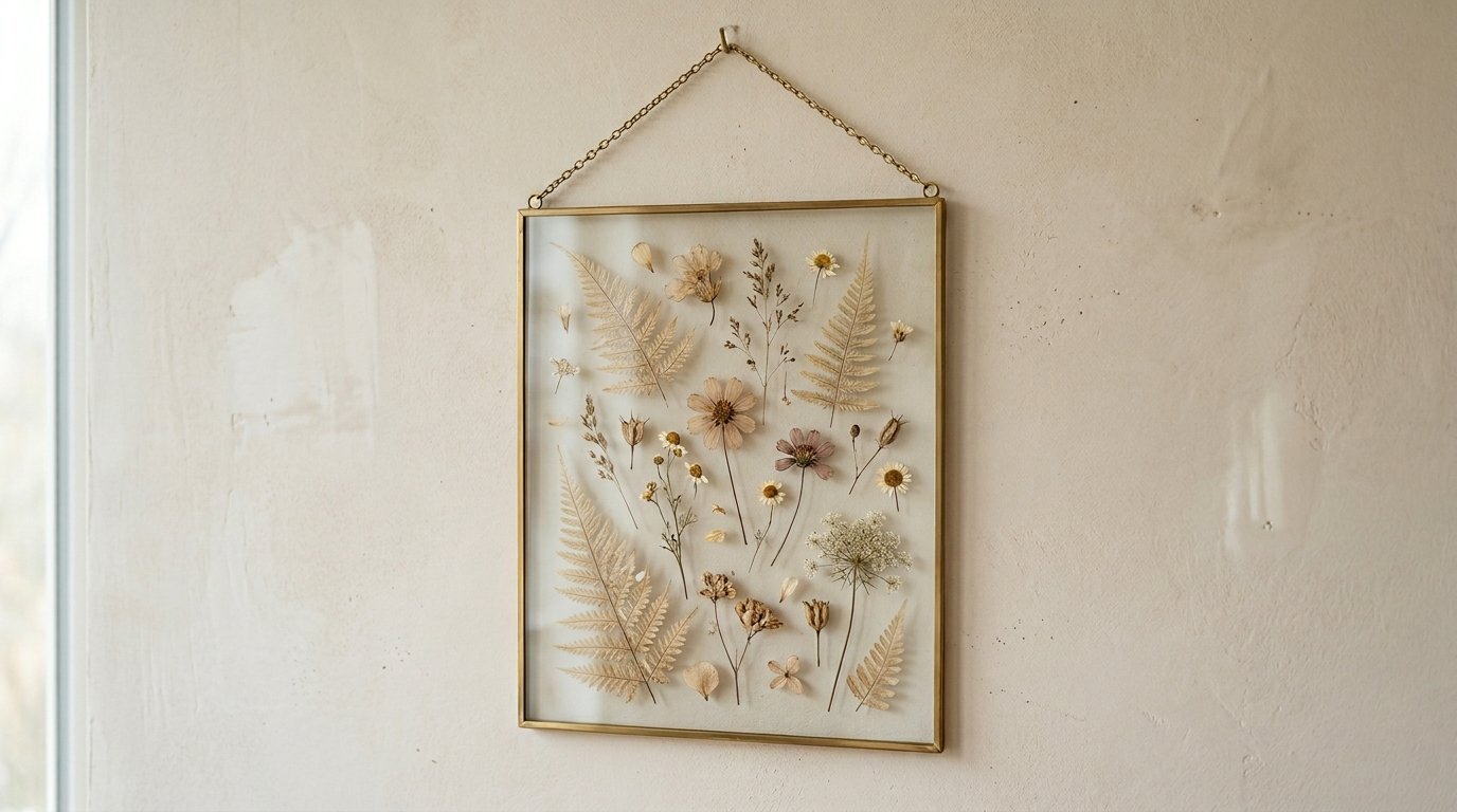 A rectangular brass frame containing dried ferns and wildflowers hanging against a textured beige wall.
