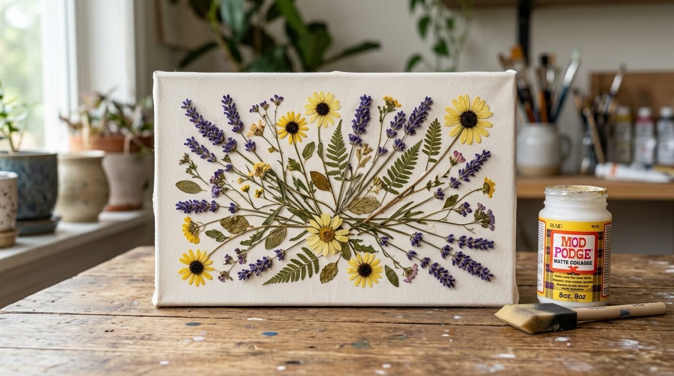 A rustic wooden table holds a canvas covered in dried lavender, yellow daisies, and ferns with glue nearby.