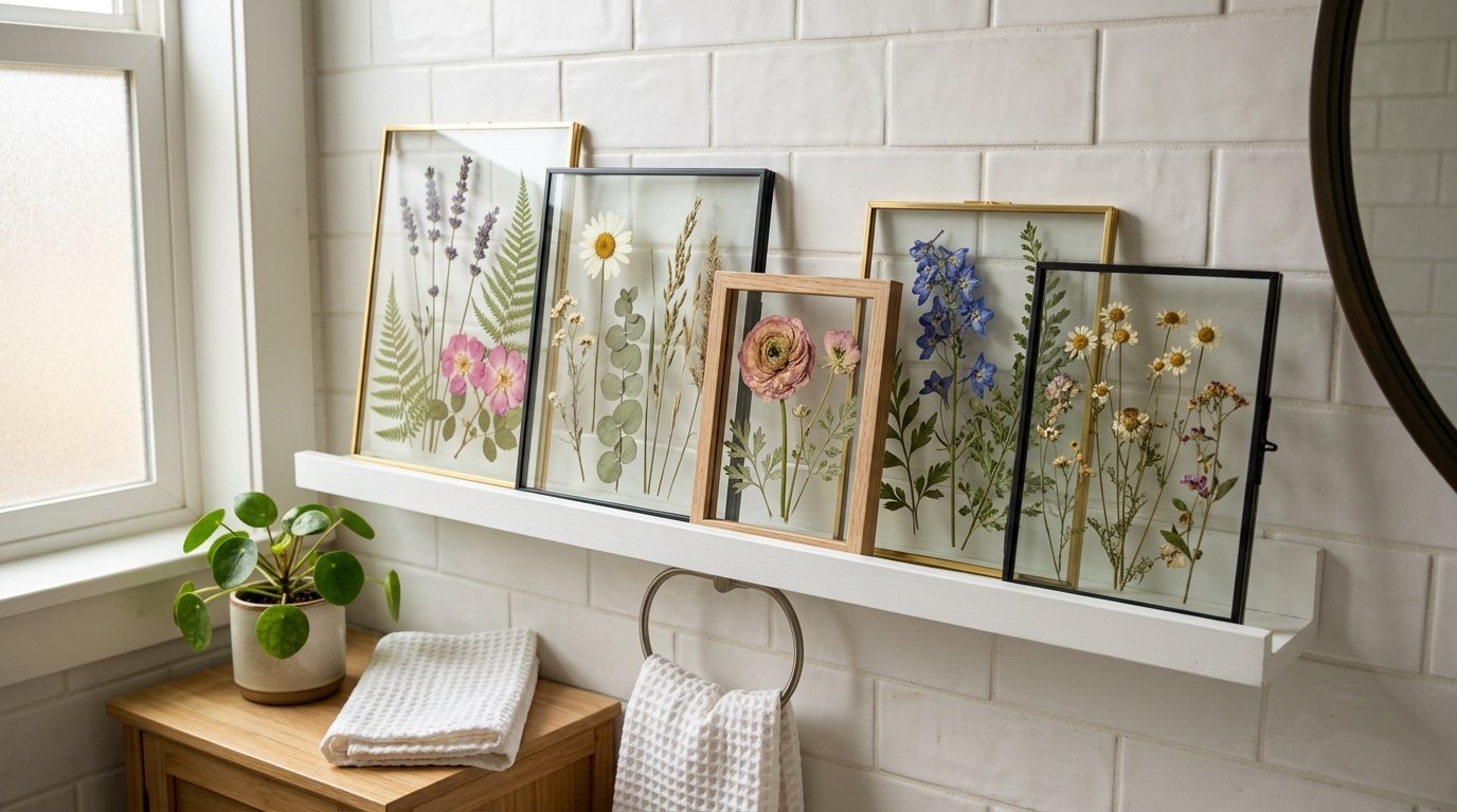 Five glass frames containing various pressed flowers and leaves arranged on a white subway tile bathroom shelf.