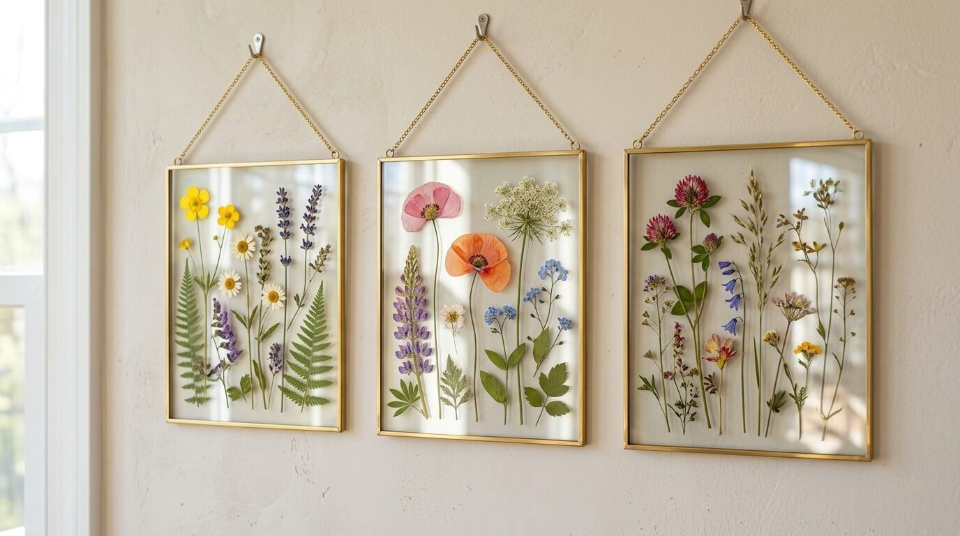 Decorative wall-mounted glass frames displaying colorful dried wildflowers and ferns on a neutral background.