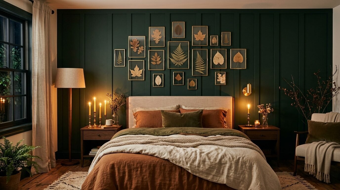 A dark green paneled bedroom wall decorated with a gallery of framed pressed leaves and warm ambient lighting.