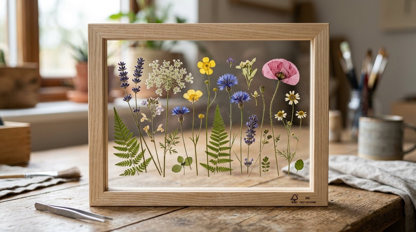 Close-up of various dried flowers and fern leaves arranged inside a transparent, light-wood floating picture frame.
