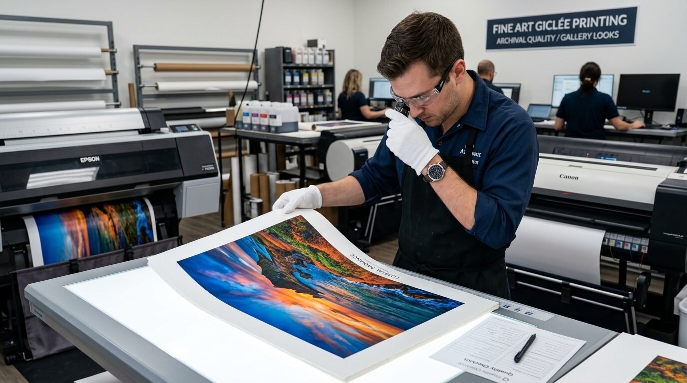 A man wearing white gloves and safety glasses examines a coastal landscape print on a light table.