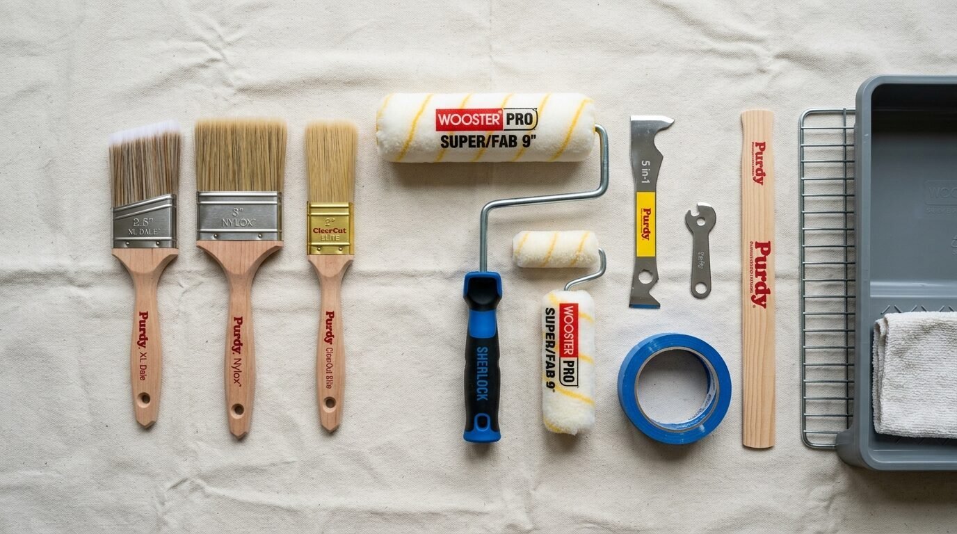 Top-down view of various Purdy paint brushes, Wooster rollers, masking tape, and a painting tray on a canvas cloth.