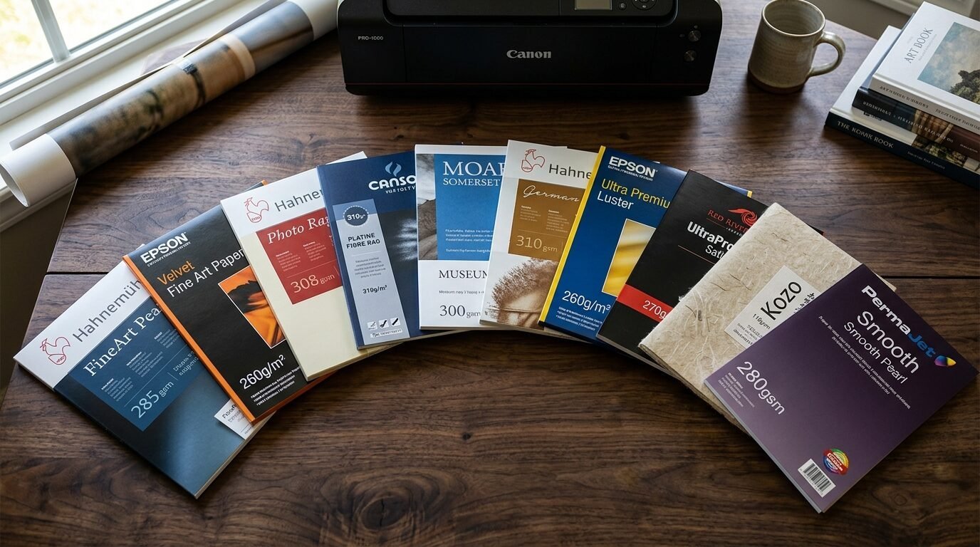Fan of various professional photography paper sample packs laid out on a dark wooden table in front of a printer.