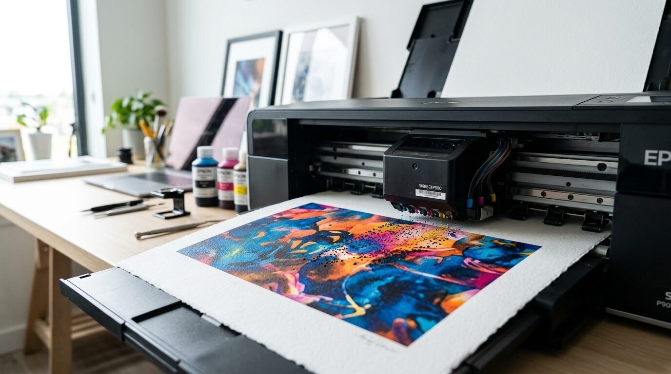 Close-up of a professional inkjet printer head depositing ink on textured paper with colorful abstract patterns.
