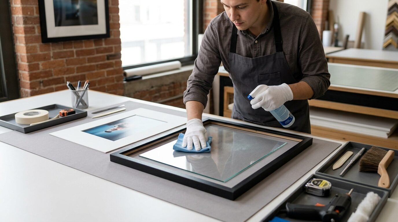 Framer in an apron cleaning a black picture frame glass with a blue cloth and spray cleaner at a workbench.