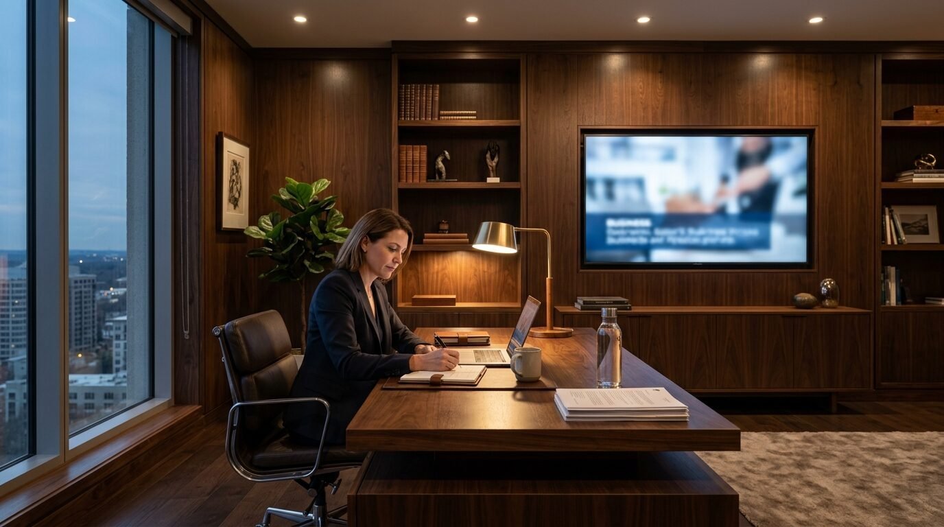 A woman in a blazer works at a dark wood desk in a modern office with city views and built-in shelving.