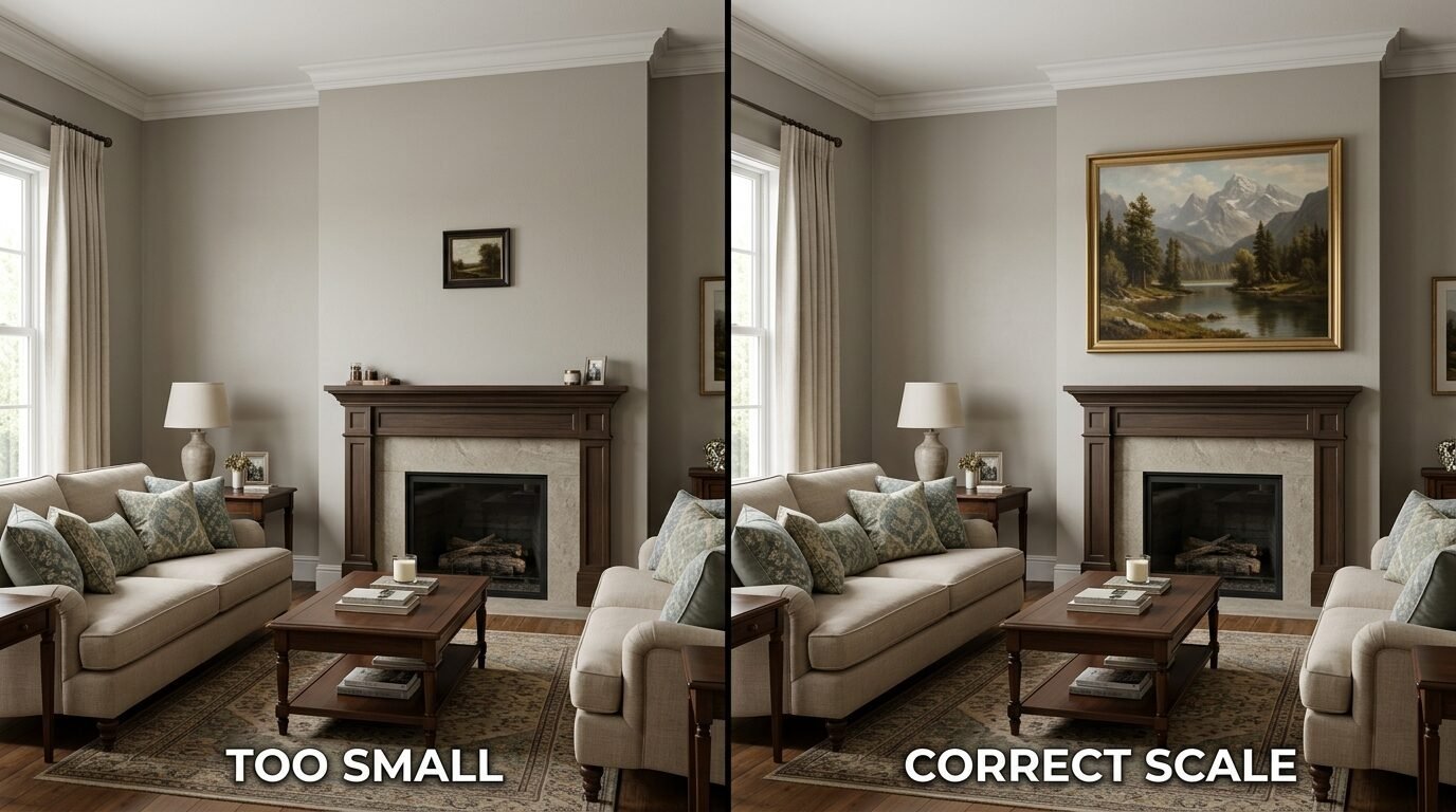 Split view showing a tiny framed picture versus a large, well-proportioned mountain landscape painting over a fireplace.