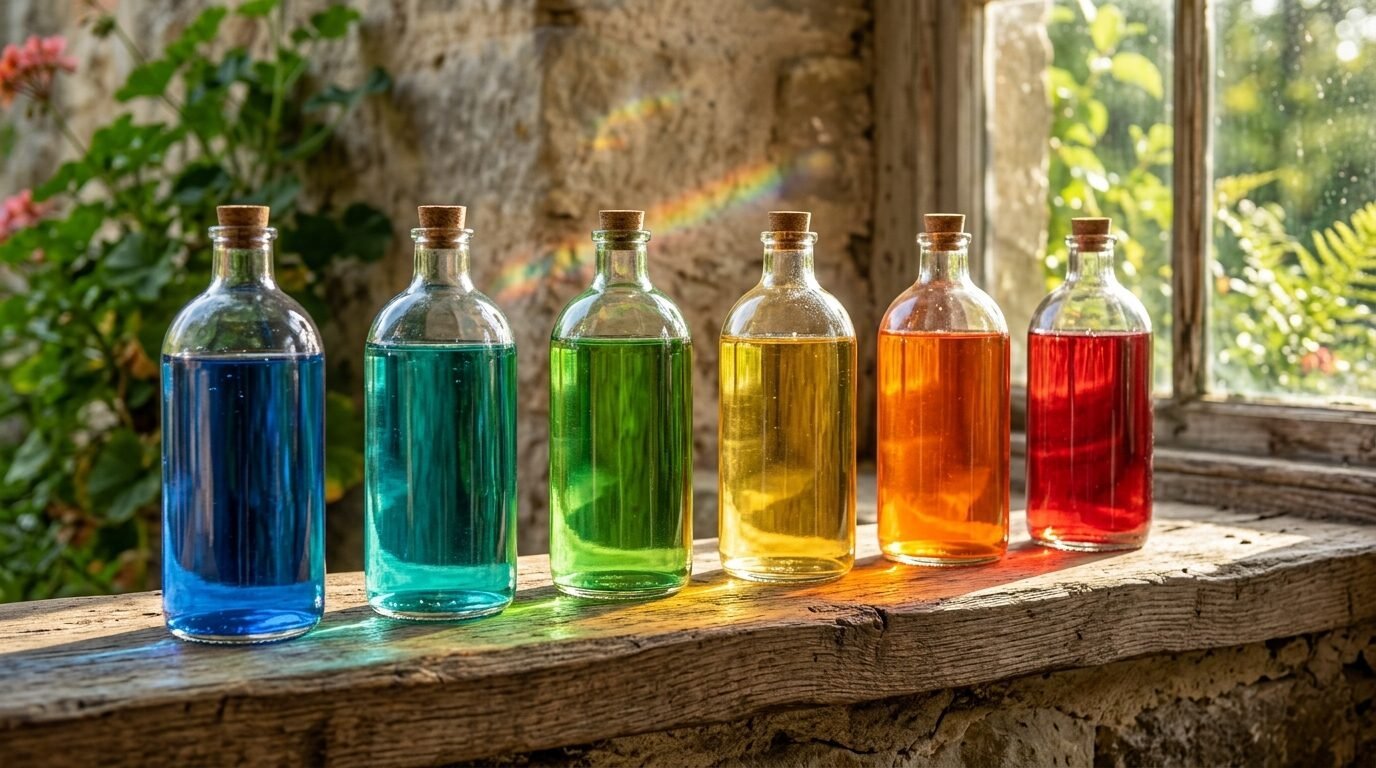 A row of glass bottles with colored liquid from blue to red sitting in sunlight with a rainbow light refraction.