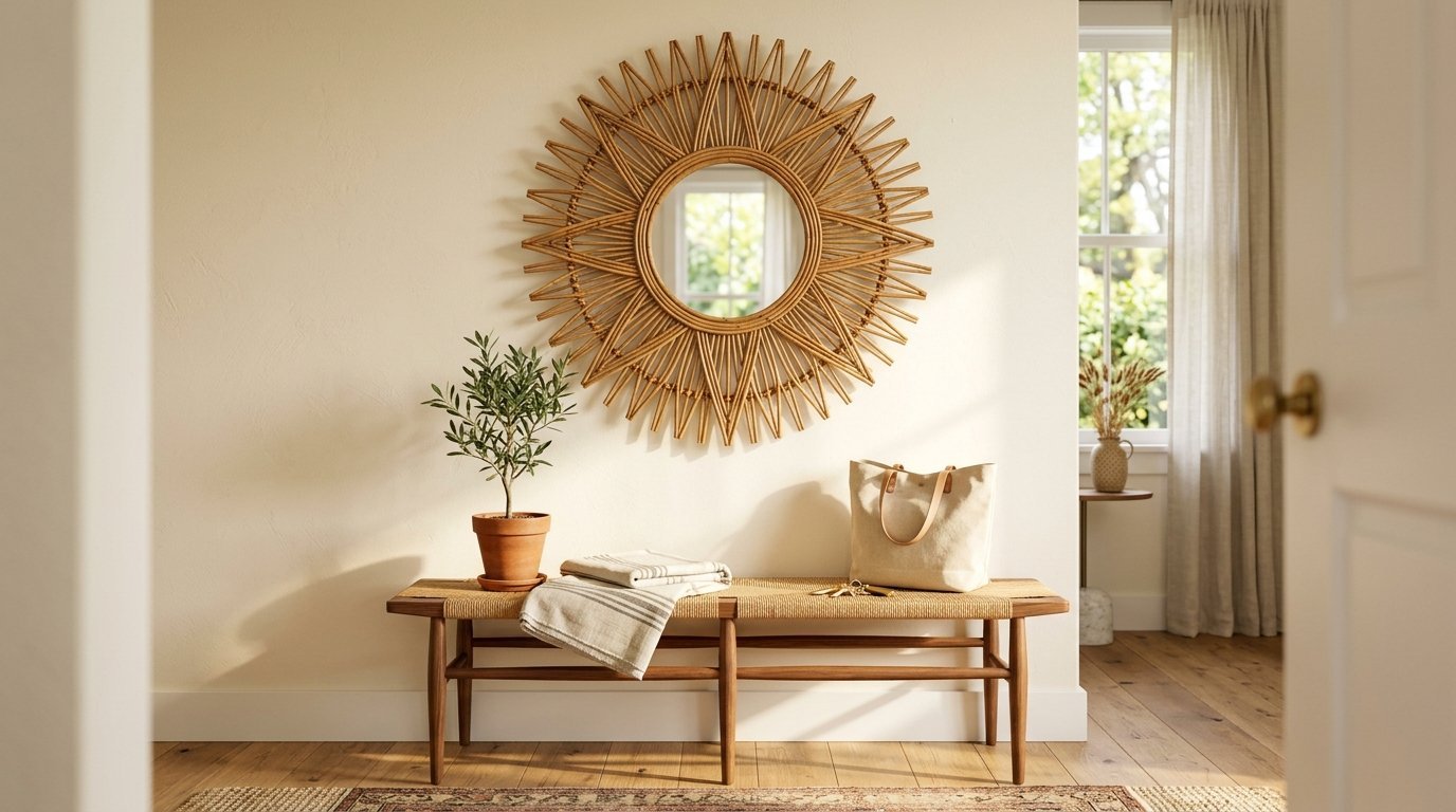 Entryway with a round rattan sunburst wall mirror hanging over a wooden woven bench with a potted plant and canvas bag.
