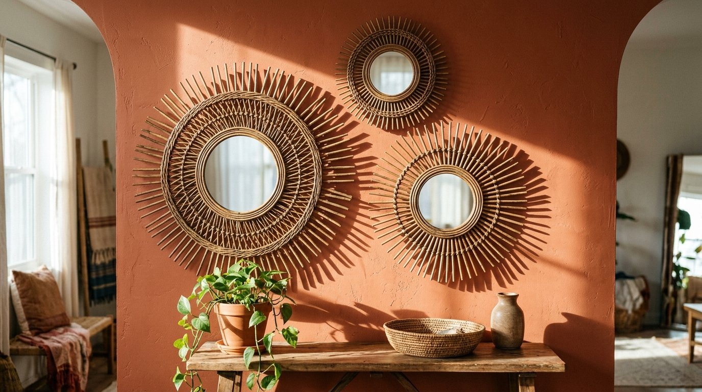 Round woven wicker mirrors hanging above a wooden console table with a potted plant.