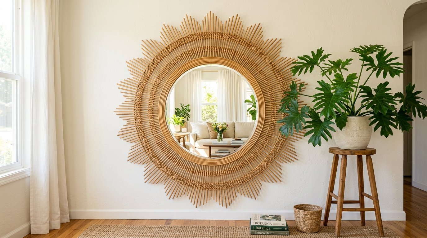 Decorative sunburst-style rattan mirror hanging on a white wall next to a potted plant on a wooden stool.