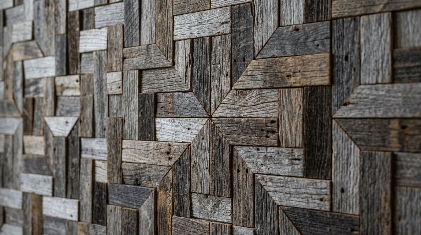 A close-up of a decorative wall panel made from weathered, dark gray reclaimed wooden planks arranged in star shapes.