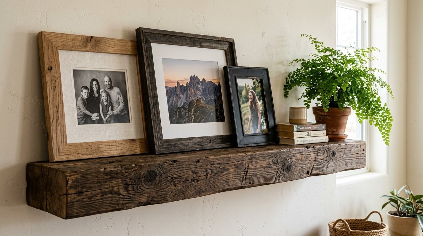 Three picture frames and a potted fern plant resting on a thick, dark reclaimed timber mantelpiece.
