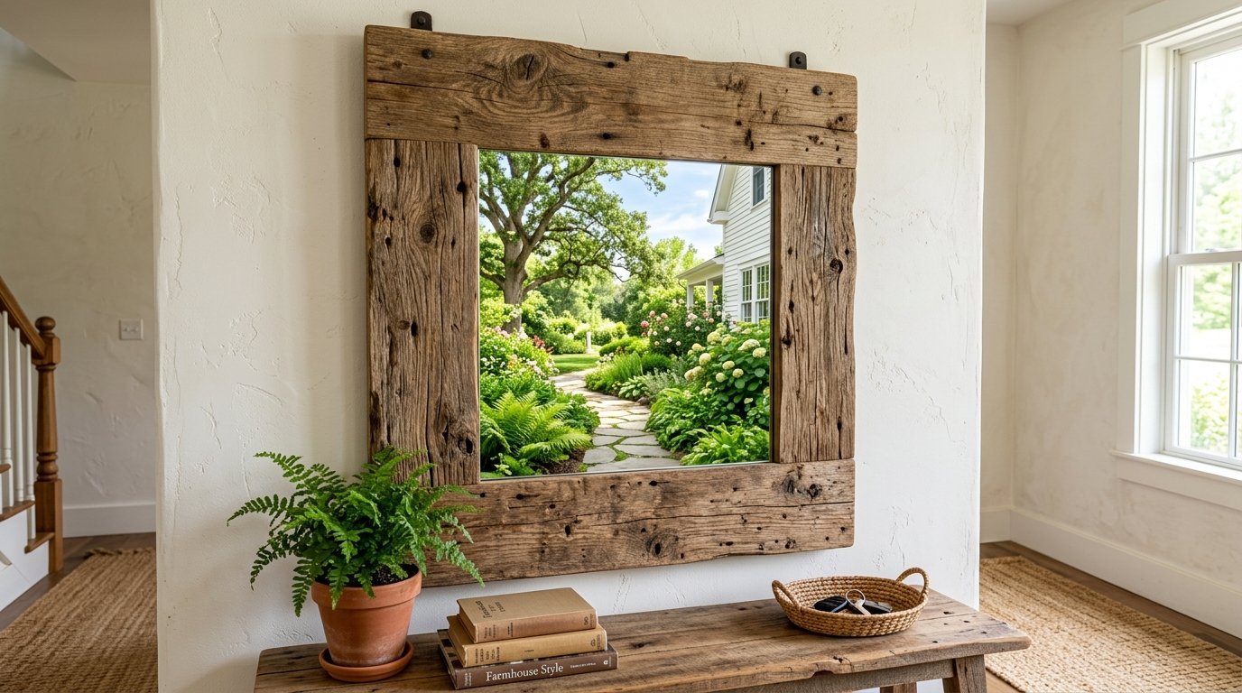 Square mirror with a weathered timber frame hanging on a white wall above a wooden console table with a fern.