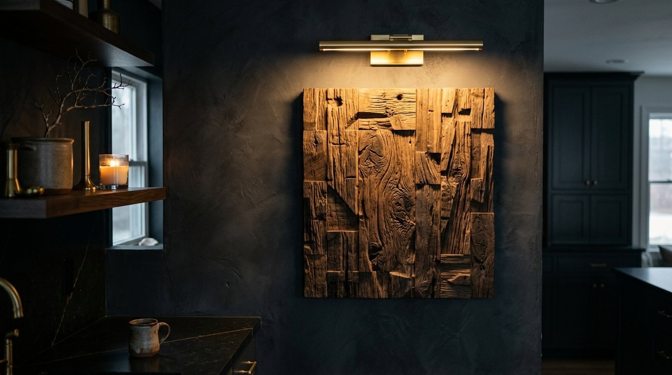 A rustic square wood collage mounted on a dark charcoal wall with an overhead picture light.