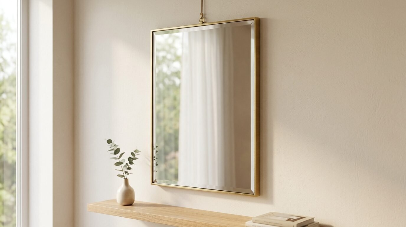 Rectangular mirror hanging on a beige wall above a wooden shelf with a small eucalyptus vase.