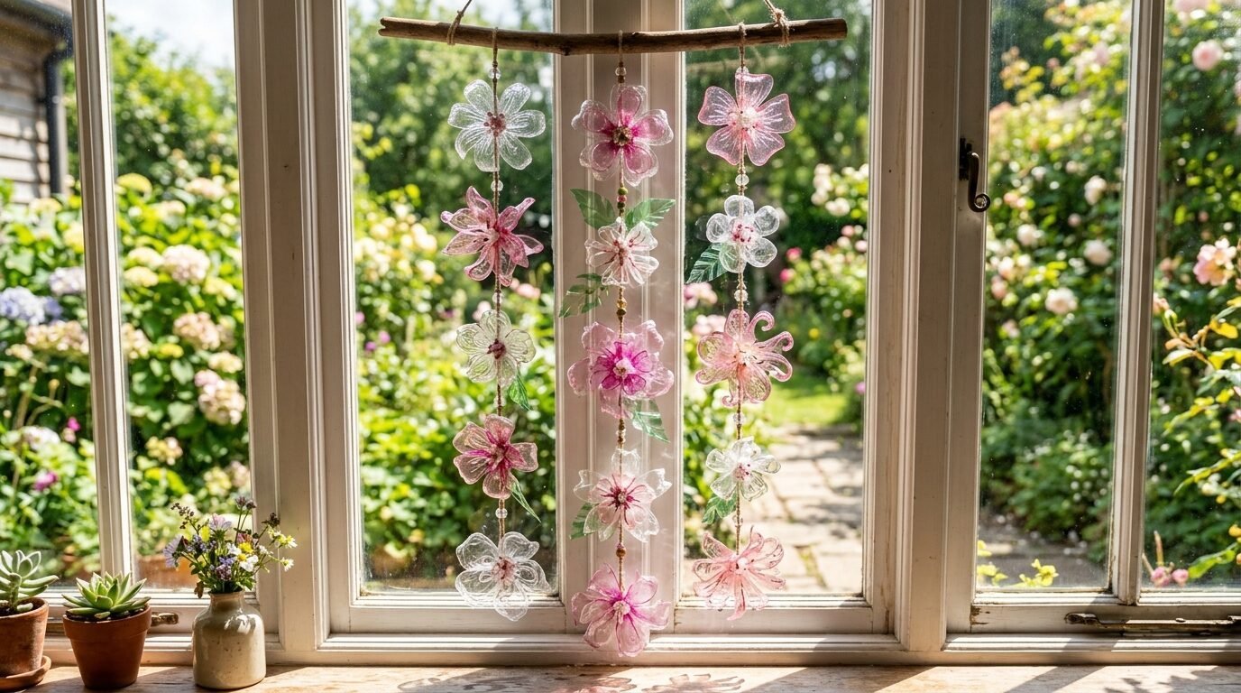 Decorative suncatcher made of pink and clear plastic flowers dangling in front of a sunlit garden window.
