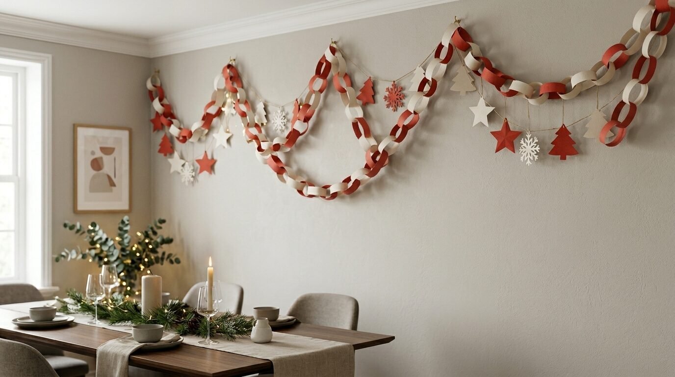 Red and cream paper loops hanging on a wall with snowflake and tree ornaments above a set dining table.