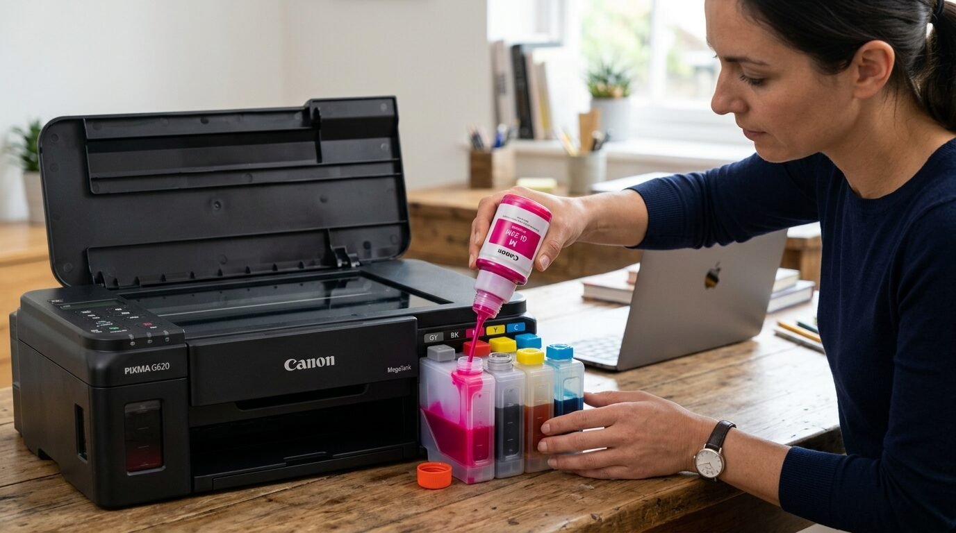 A person refilling a Canon Pixma G620 inkjet printer with a magenta ink bottle at a wooden desk.