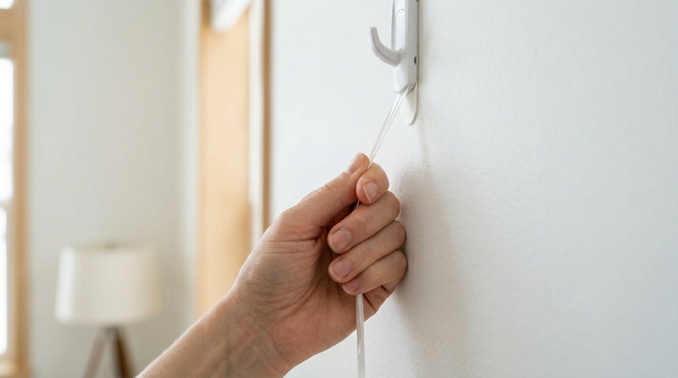 Close up of a hand stretching a clear sticky tab downward to detach a white command hook from a wall.