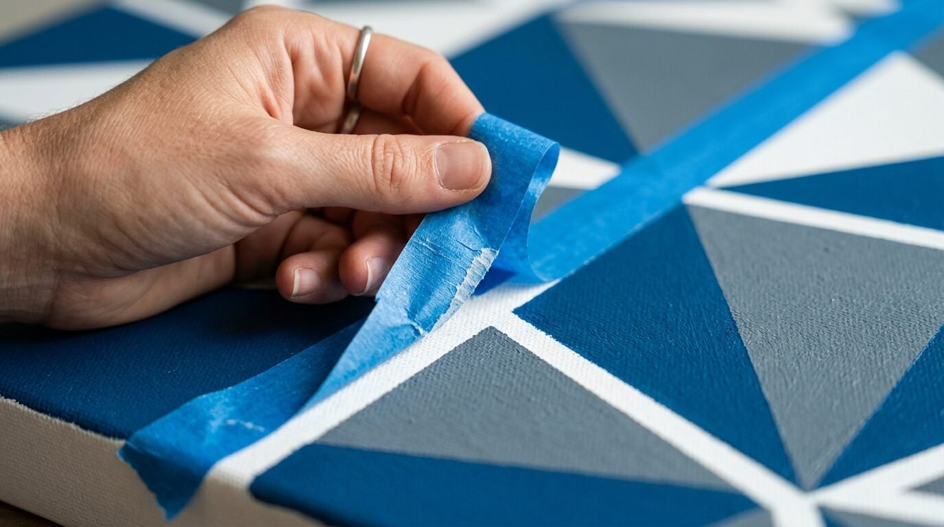 Close up of a hand pulling painter's tape off a painted canvas with blue, grey, and white triangular patterns.