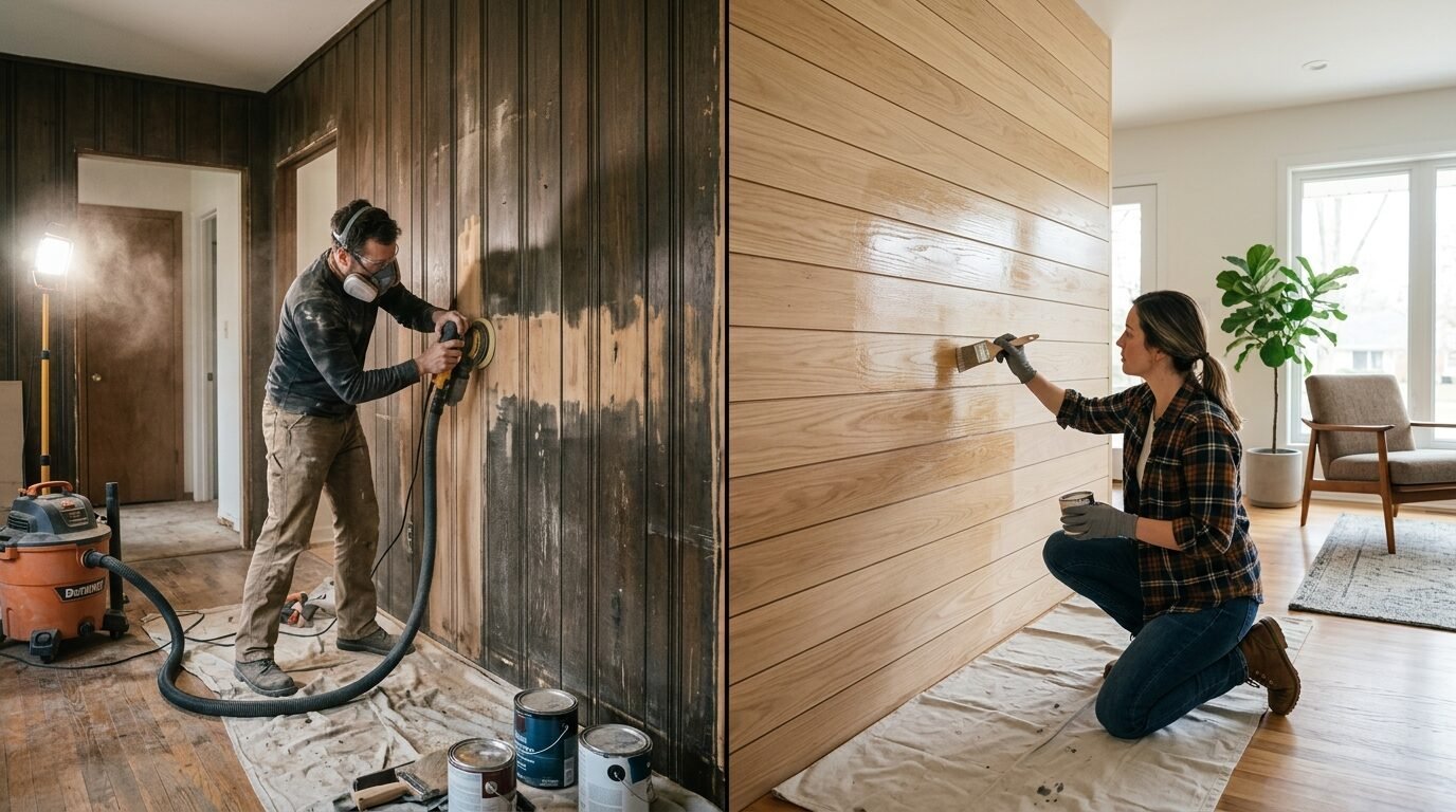 Man sanding dark wooden wall while a woman applies stain to new light wood boards
