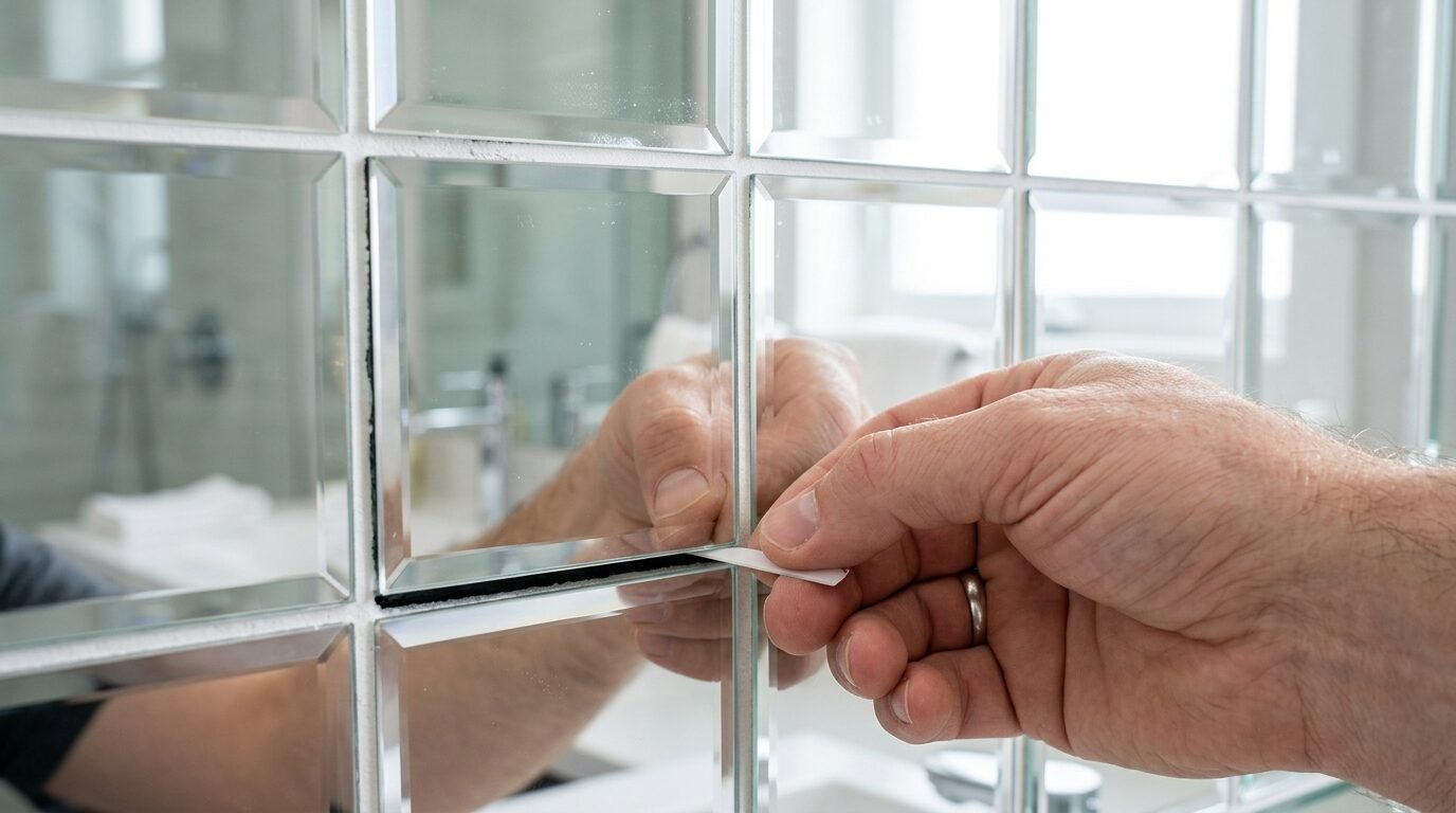 Close up of a hand using a small tool to apply white grout between mirrored glass wall tiles in a bathroom.