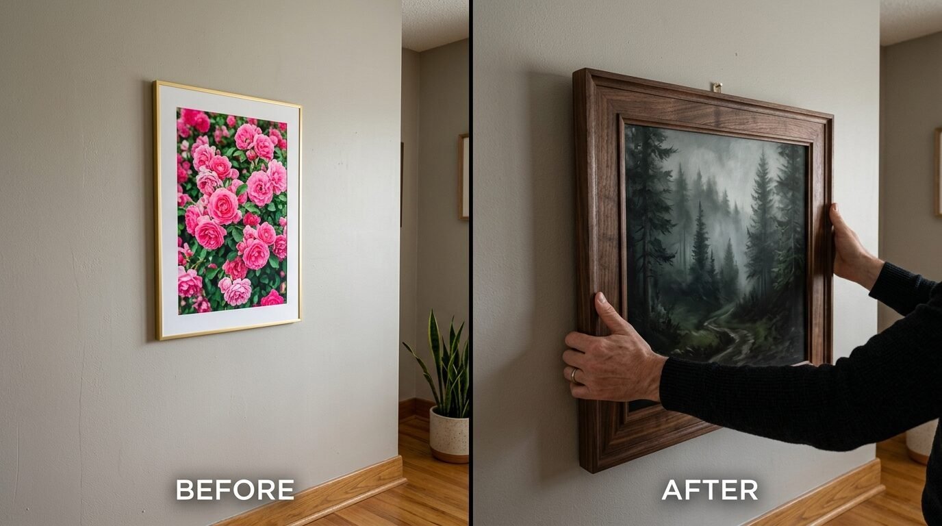 A side-by-side comparison of wall art before and after a framing upgrade in a home interior.