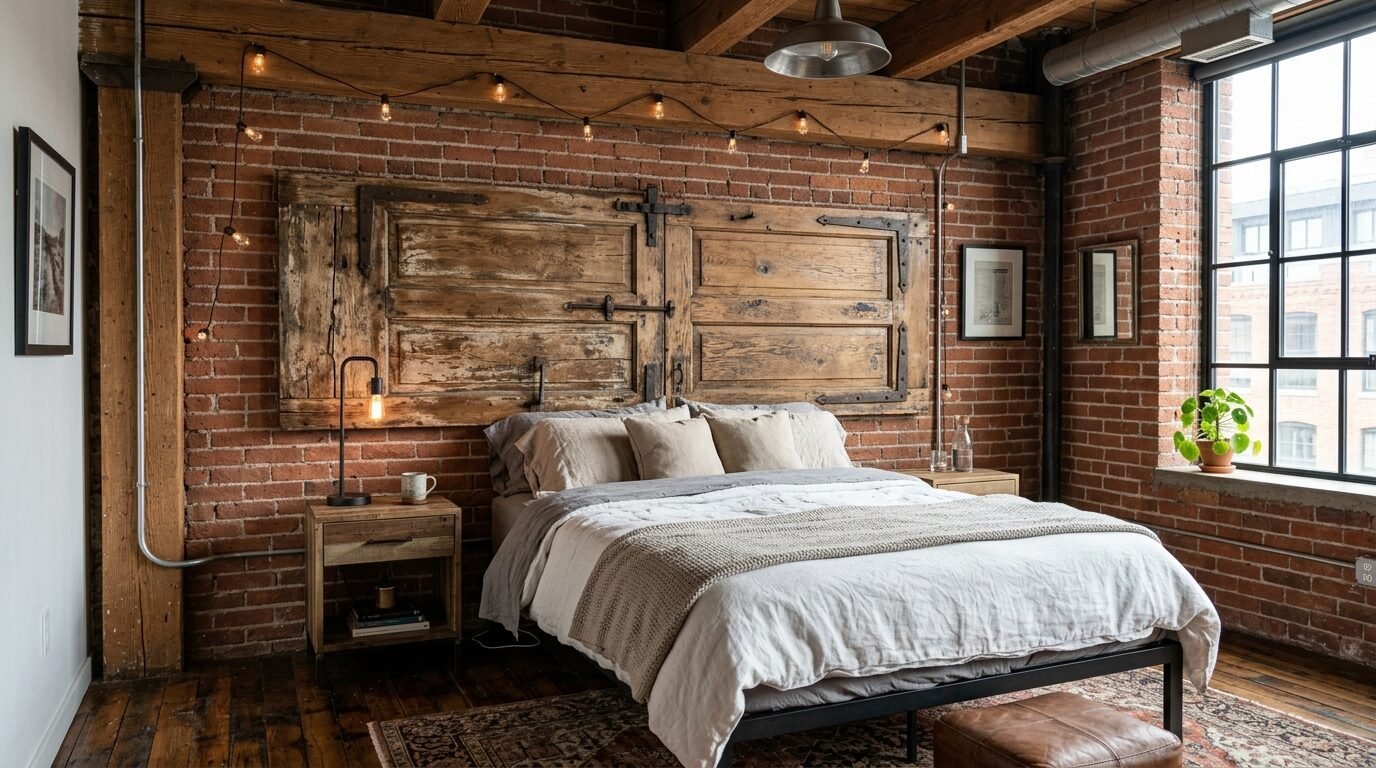 A rustic bedroom with a wooden door headboard against an exposed brick wall and large metal framed window.