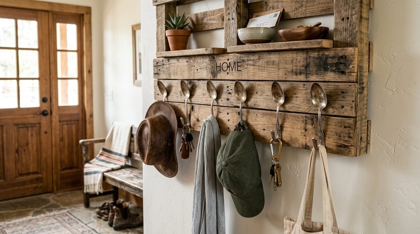 A rustic wall shelf made from a wooden pallet with silver spoon hooks holding a hat, cap, keys, and a scarf.