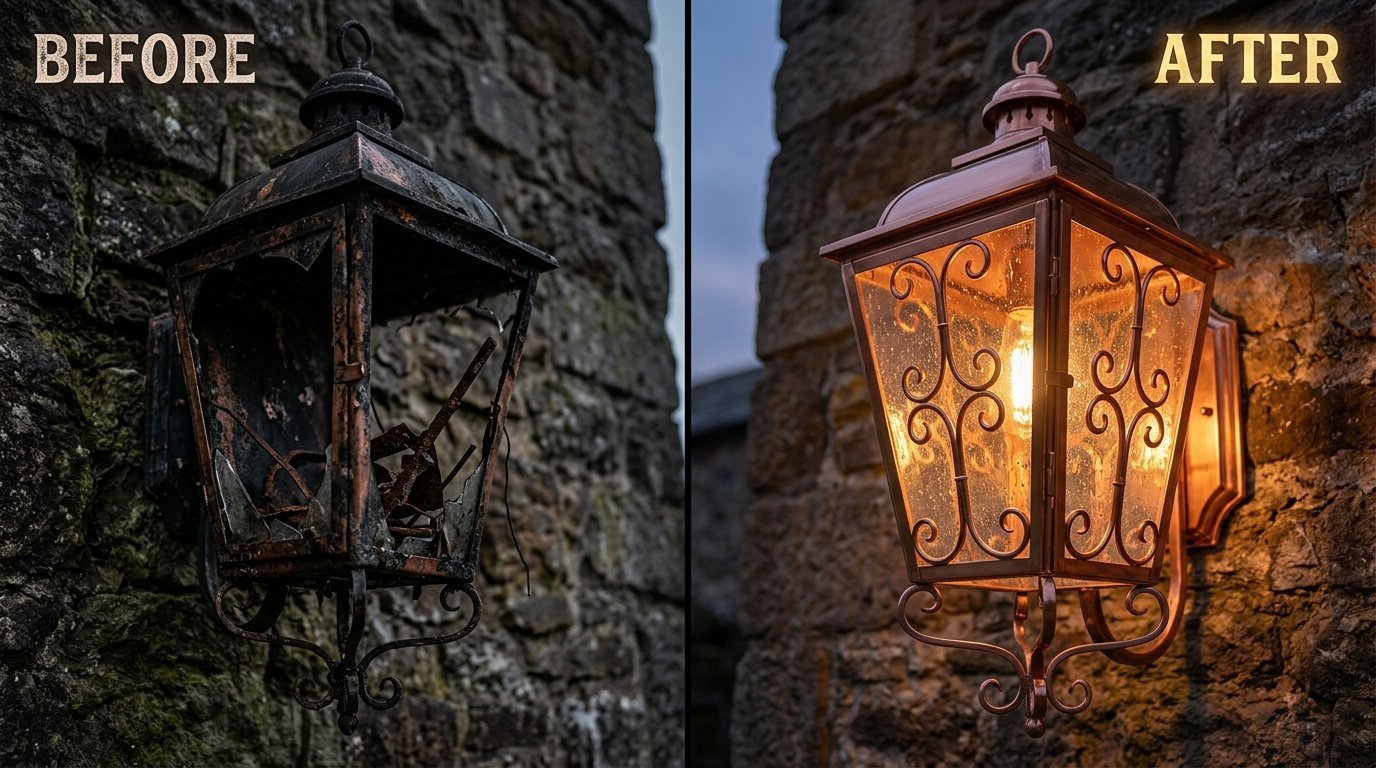 A damaged dark lantern replaced by a polished, glowing copper fixture mounted on stone.
