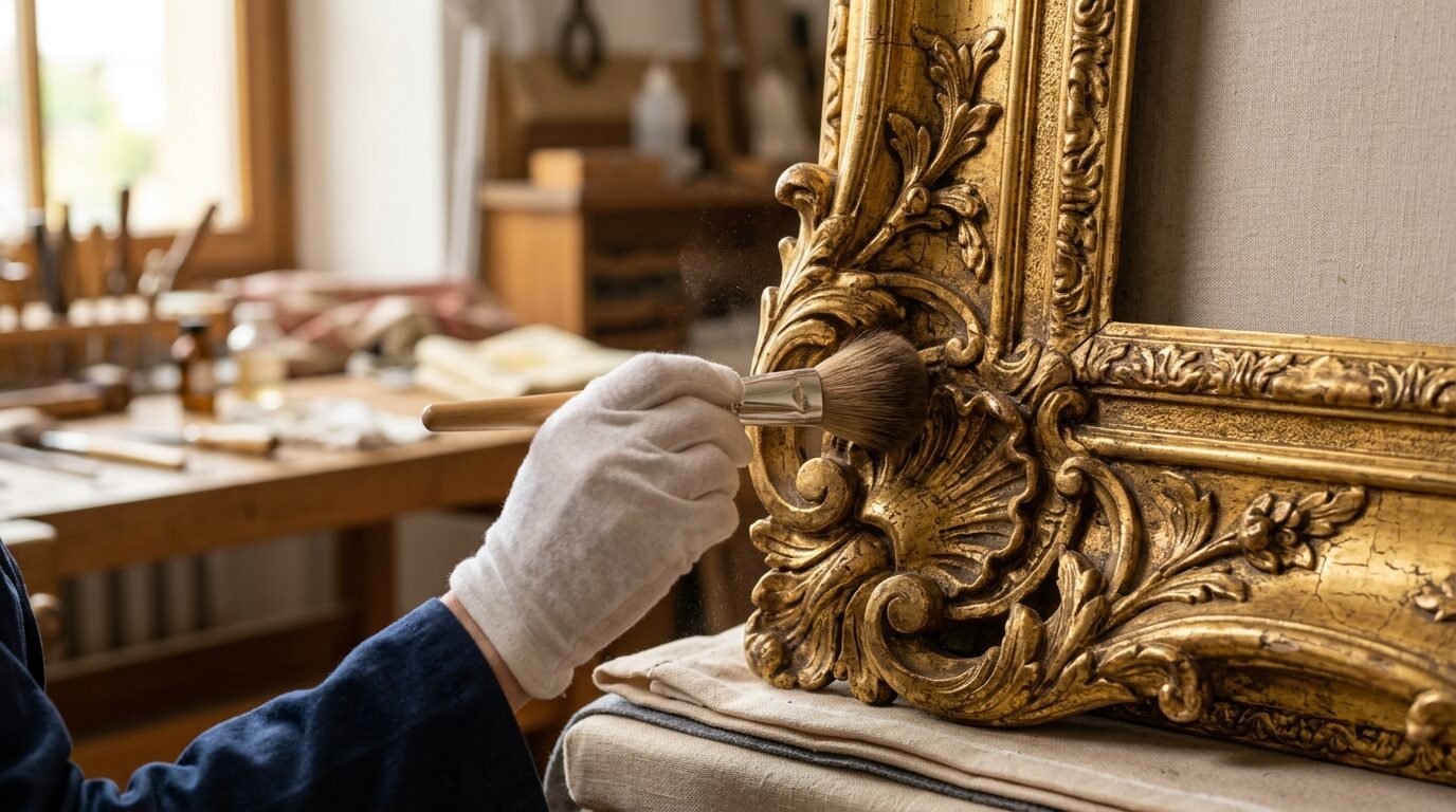A white-gloved hand uses a soft brush to remove dust from a carved wooden gold gilded frame in a workshop.
