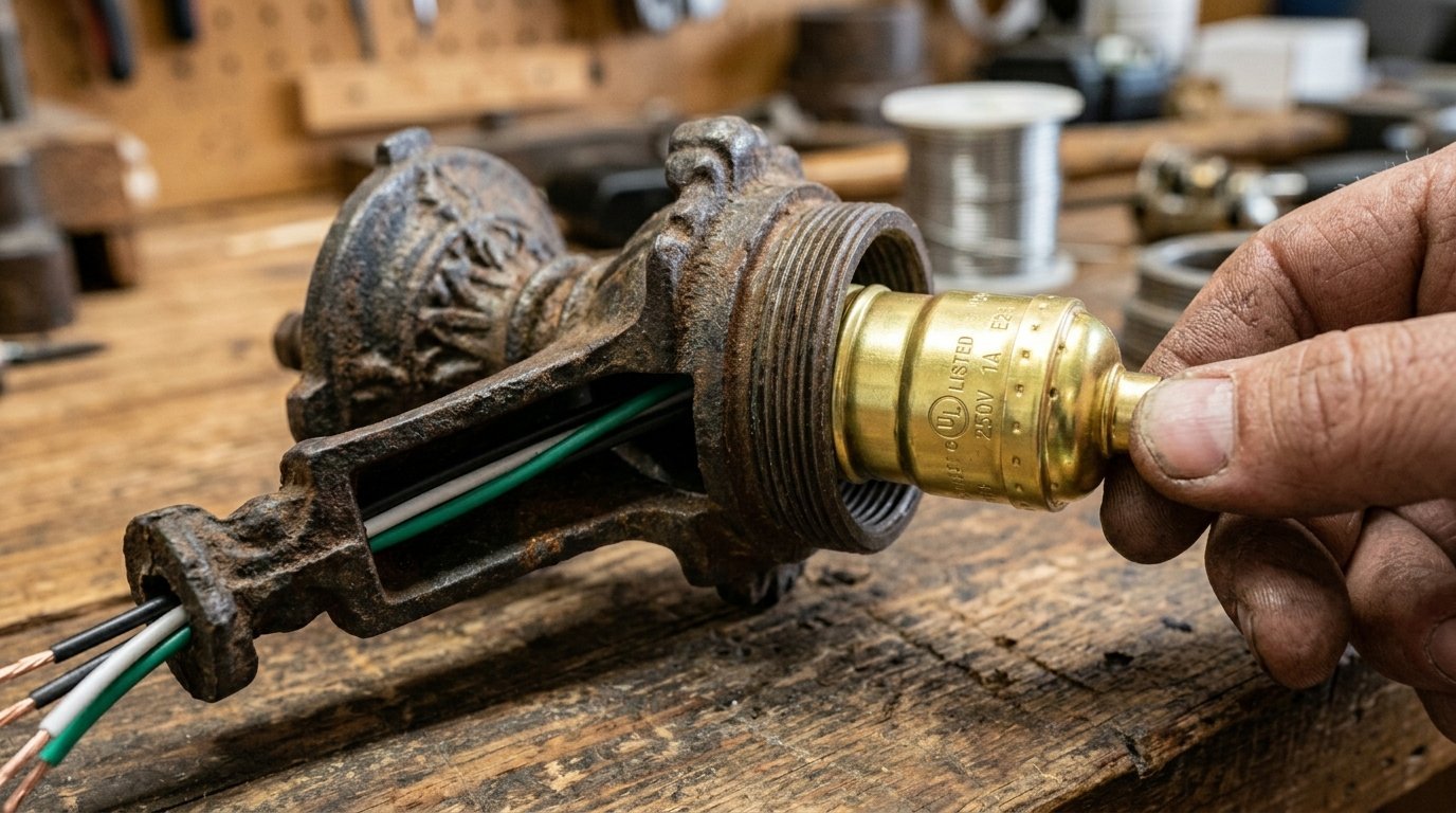 Close-up of a person installing a brass bulb socket into an ornate, rusted iron lamp base on a workbench.