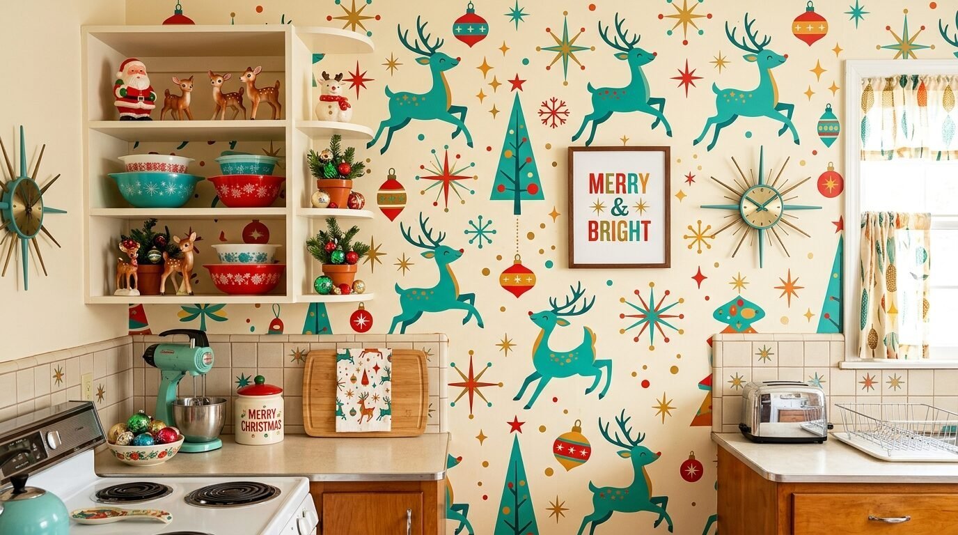 Kitchen wall with festive teal reindeer wallpaper, holiday decor on shelves, and a Merry and Bright print.