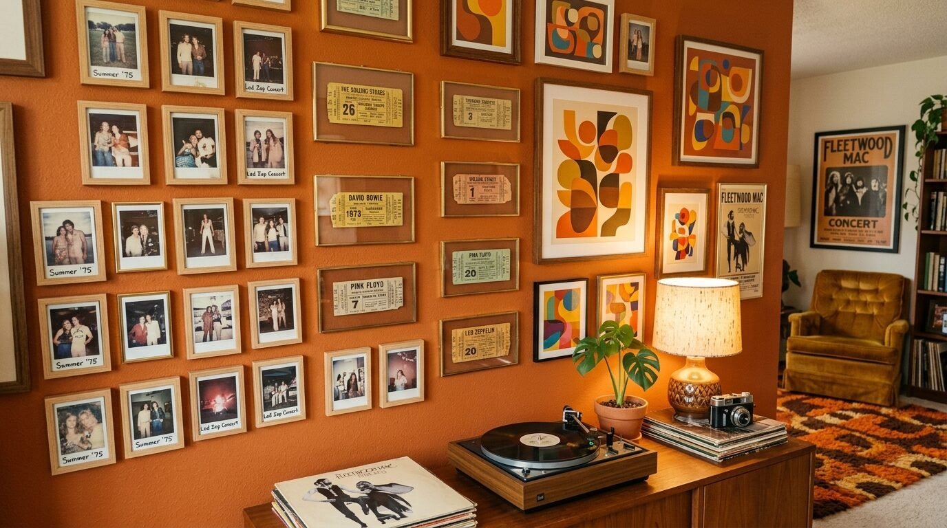 Gallery wall featuring framed concert tickets, personal photos, and abstract art above a record player and lamp.