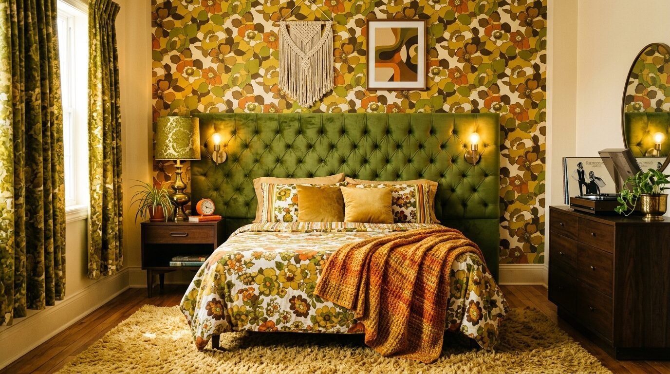 Cozy bedroom with seventies-style floral wallpaper, tufted velvet headboard, and warm golden accents.