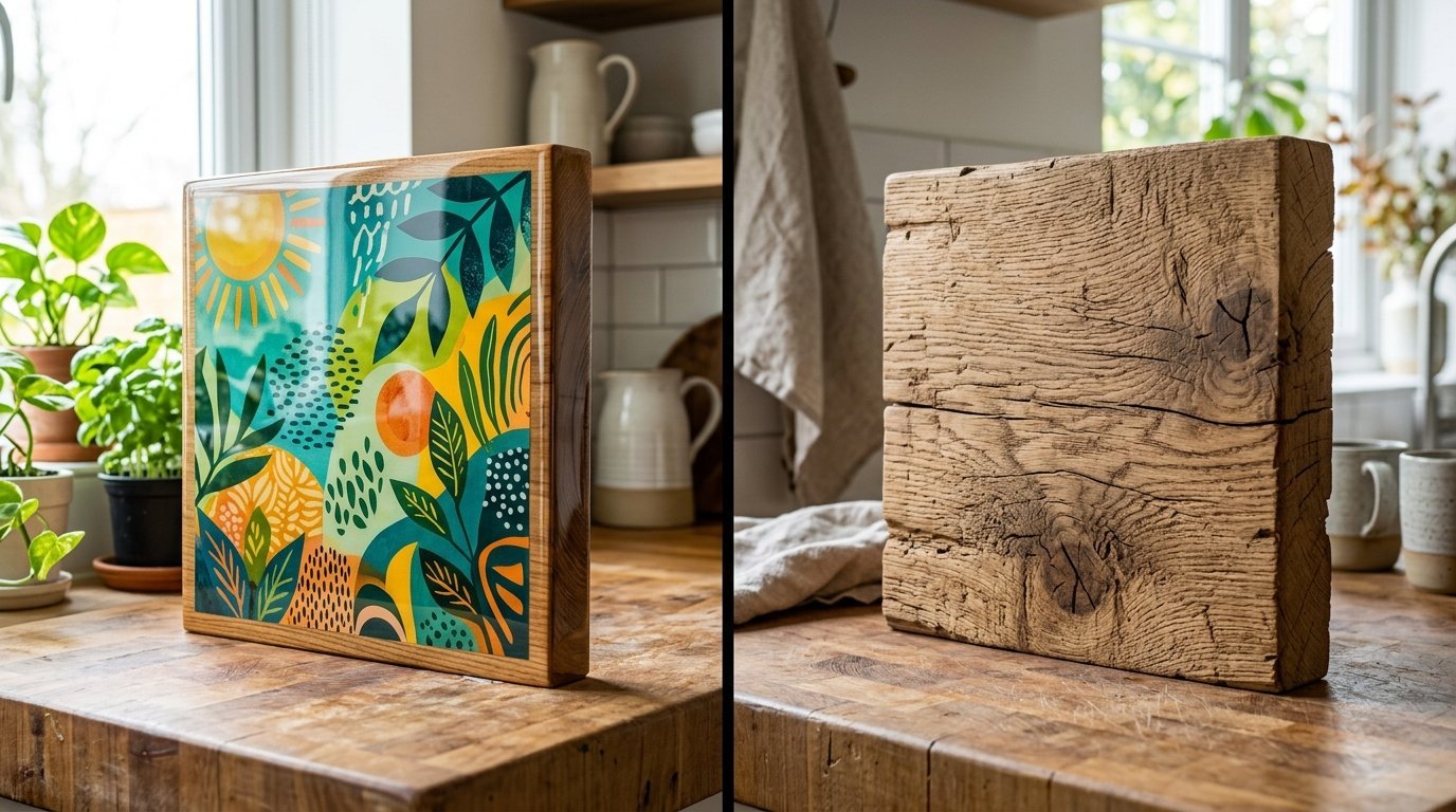 One side of a wooden cutting board features bright sun and leaf art while the reverse shows rustic raw wood grain.