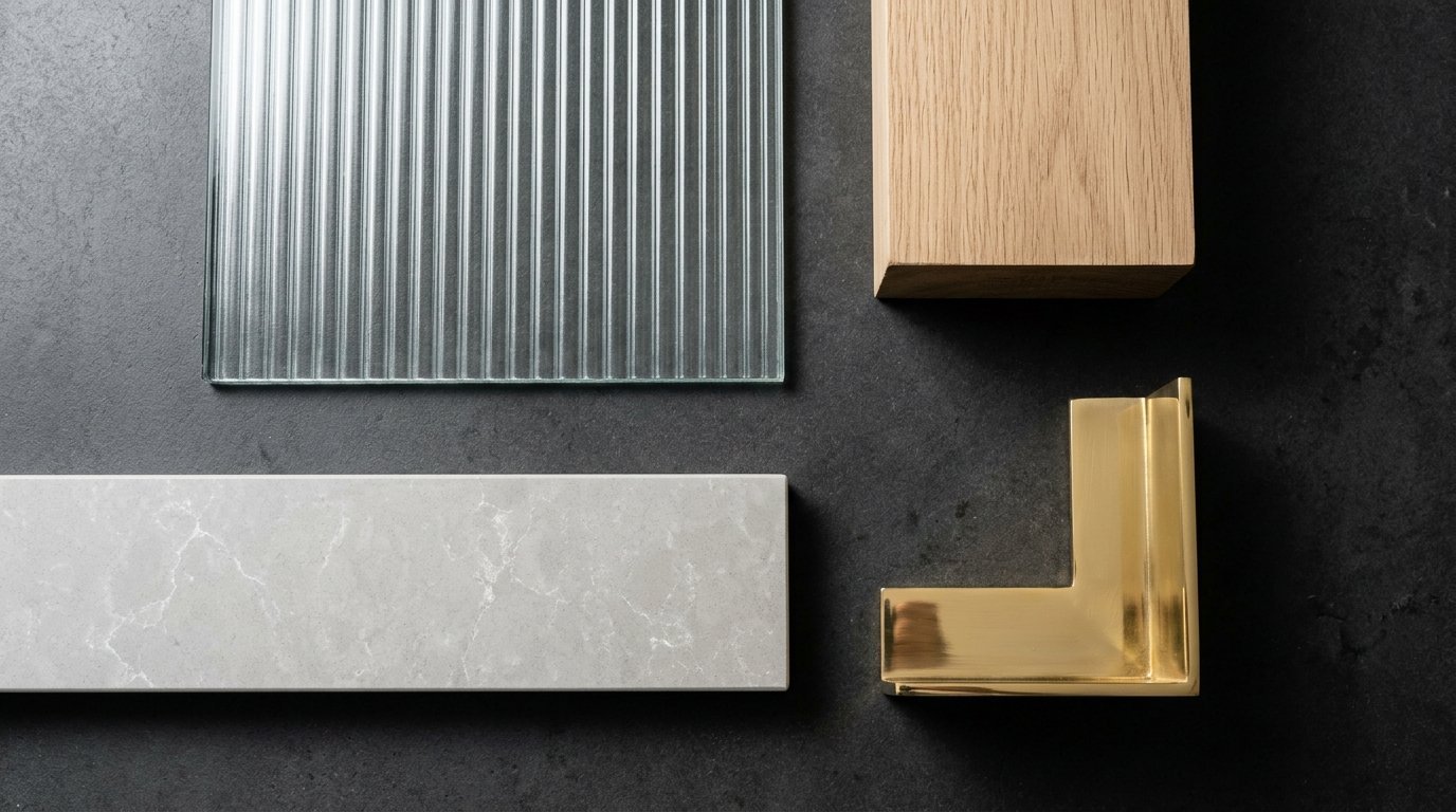 Top-down view of fluted glass, natural oak, grey marble tile, and a gold metal corner piece on dark slate.