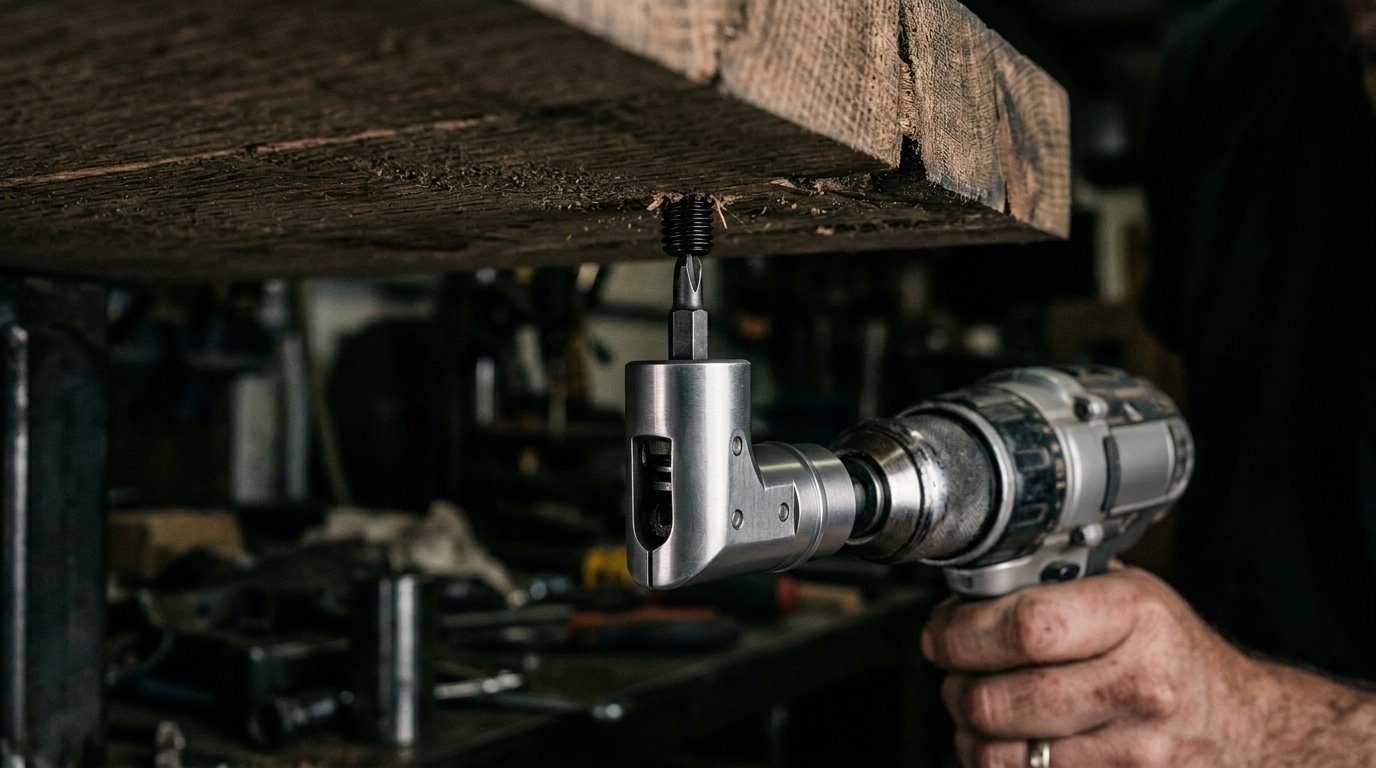 Close up of a cordless drill with a right-angle adapter driving a fastener into a piece of rough-cut timber.