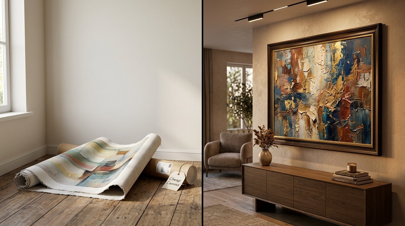 Split view showing a rolled printed canvas on a wooden floor next to a finished framed abstract painting on a wall.